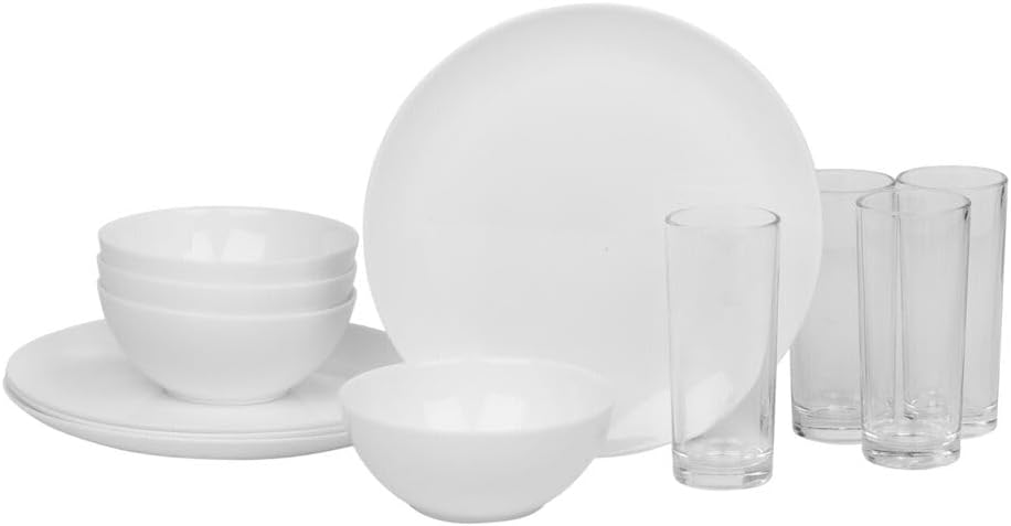 12/24 Pc Dinner Set Bowl Side Dinner Plate 12 or 24 Piece Smooth Plain or Wavy Service Set Dessert Cereal Bowl Plates (Luna Breakfast - 12 Pcs)