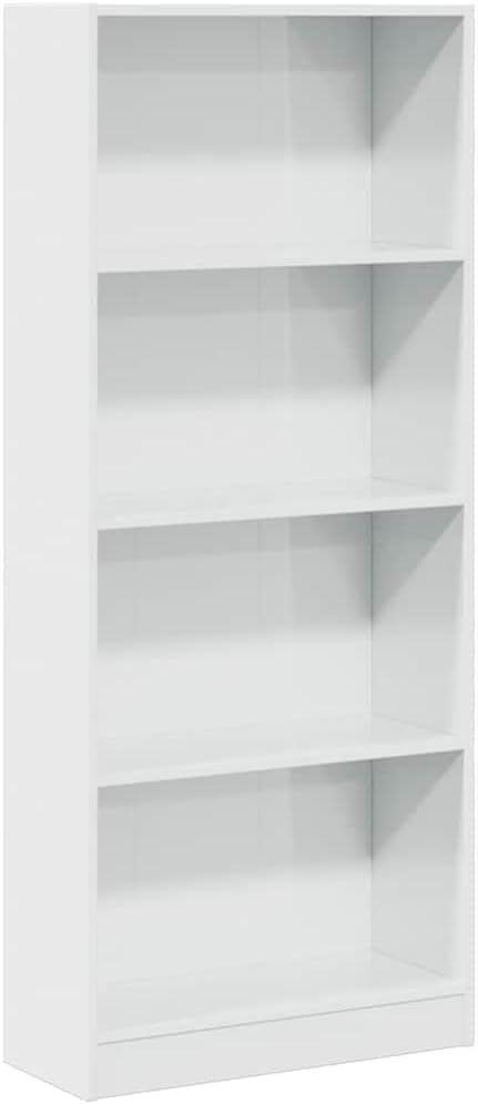 vidaXL Engineered Wood Bookcase - Modern High Gloss White Bookshelf for Office/Bedroom 60x24x143 cm - Ample Storage with 4 Compartments, Freestanding