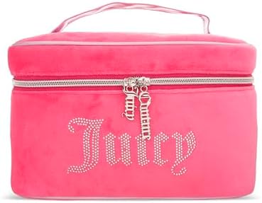 Juicy Couture Women's Cosmetics Bag - Travel Makeup and Toiletries Train Case Organizer, Size One Size, Pink Terry with Rhinestone Logo