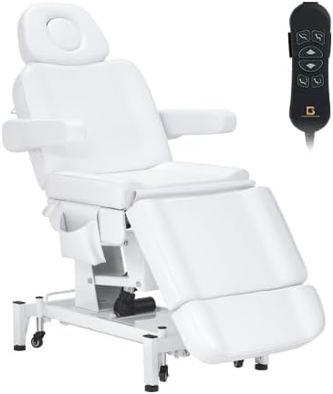BarberPub Fully Electric Beauty Bed, 3-Motor Salon Spa Chair with Foot-Controlled Wheels, Adjustable Height, Backrest & Leg Rest – PVC Leather, Professional Facial & Treatment Table 2754 (White)