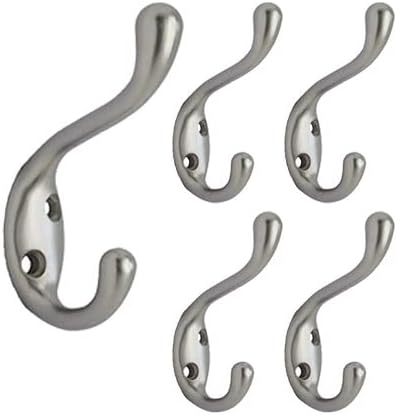 QCAA Heavy Duty Coat and Hat Hook Hanger, 3-3/8", Zinc Die Cast, Satin Nickel, Made in Taiwan, 5 Pack