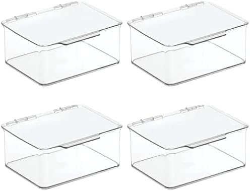 mDesign Small Plastic Home Office Storage Organizer Box Containers w/Hinged Lid for Desktops - Holds Pens, Pencils, Sticky Notes, Highlighters, Staples, Supplies - Lumiere Collection, 4 Pack - Clear
