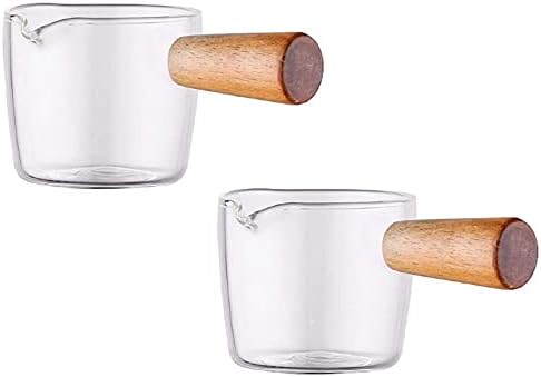 Xuzxinze 2PCS Transparent Glass Creamer with Wooden Handle, Mini Coffee Milk Creamer Pitcher. 100Ml