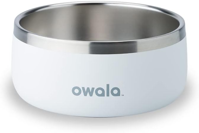 Owala Pet Bowl - Durable Stainless Steel, Food and Water Bowl for Dogs, Cats, and All Pets, Non-Slip Base, 24oz, White (Shy Marshmallow)