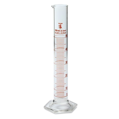 50ml Graduated Cylinder, Borosilicate 3.3 Glass, Single Metric Scale, Class B, Karter Scientific 213I11 (Single)