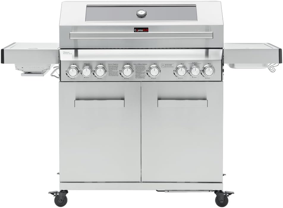 CosmoGrill 8 Burner Stainless Steel Yamara 6+2 Gas BBQ, Viewing Glass, 6 Main Burners, 1 Ceramic Sear Zone, 1 Back Grill, Cast Iron Grills & Bamboo Storage (Silver)