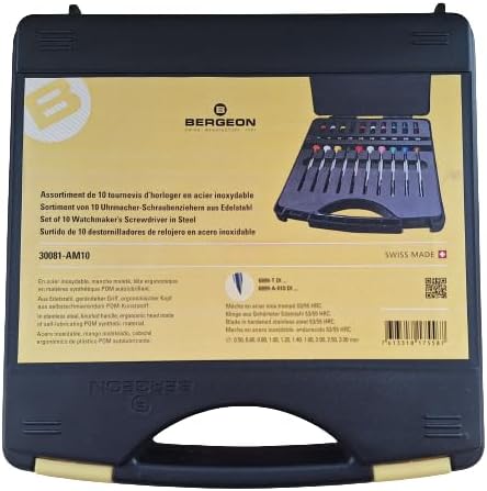 Bergeon 30081-AM10 - Watchmaker's Case with Assortment of 10 Stainless Steel Screwdrivers Diameter 0.50 to 3 mm, Black