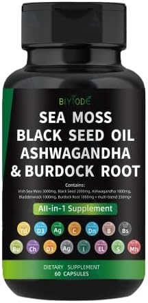 Biyode Sea Moss Black Seed Oil Ashwagandha Burdock Root Capsules Multi Blend Supplement + Multi Vitamin Turmeric Manuka Honey Elderberry Chlorophyll