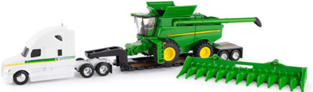 John Deere S780 Combine with Freightliner and Lowboy Trailer 1/64 Scale
