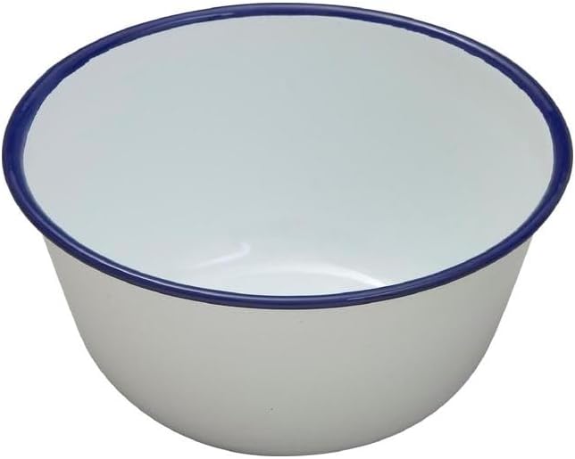 DTD QUALITY MATTERS Traditional Enamel Dinnerware Set – White with Blue Trim | Premium Pasta Plates, Soup Bowls, Mixing & Pudding Bowls – Vintage Style Crockery