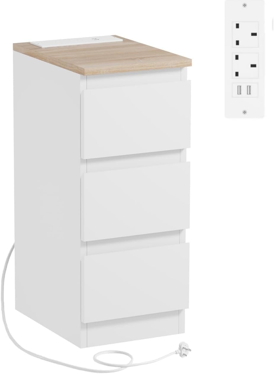 Menaka 25CM Narrow Bedside Table Cabinet with Charging Station, Slim 3 Drawers Sofa Side Table Bed Nightstand with 2 USB Ports & Power Sockets for Bedroom Living Room