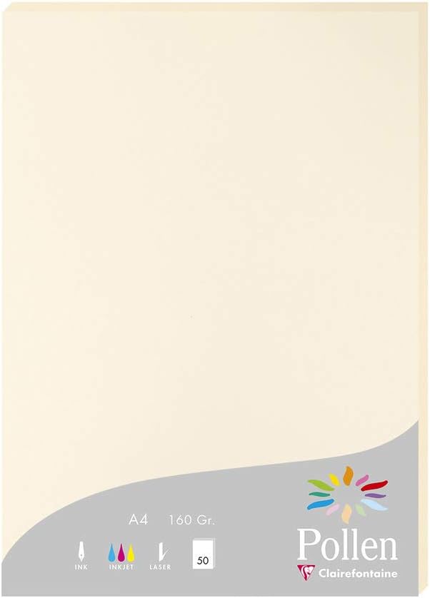 Clairefontaine - Ref 14204C - Pollen Paper (Pack of 50 Sheets) - A4 (210 x 297mm) in Size, 160gsm Card, Acid Free, Laser & Inkjet Printer Compatible - Cream