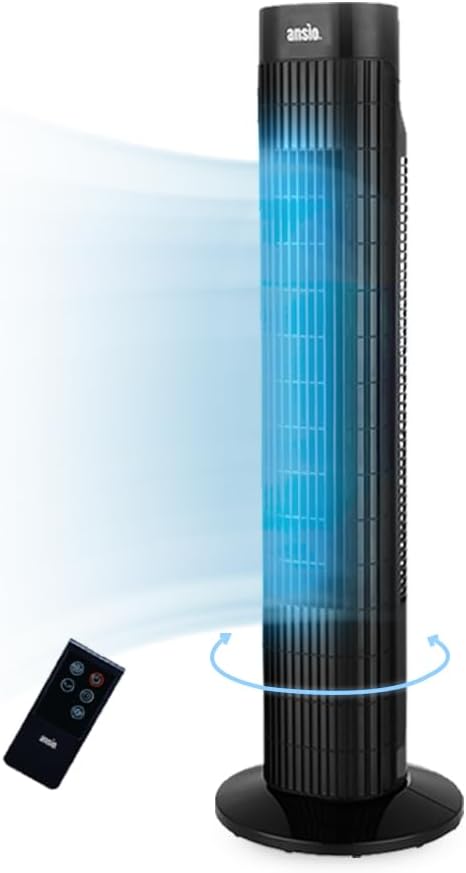 ANSIO 30-Inch Tower Fan with Remote – Bladeless, Oscillating, Standing Portable Electric Cooling Fan for Bedroom and Office, 7.5-Hour Timer, 3 Speeds – Black