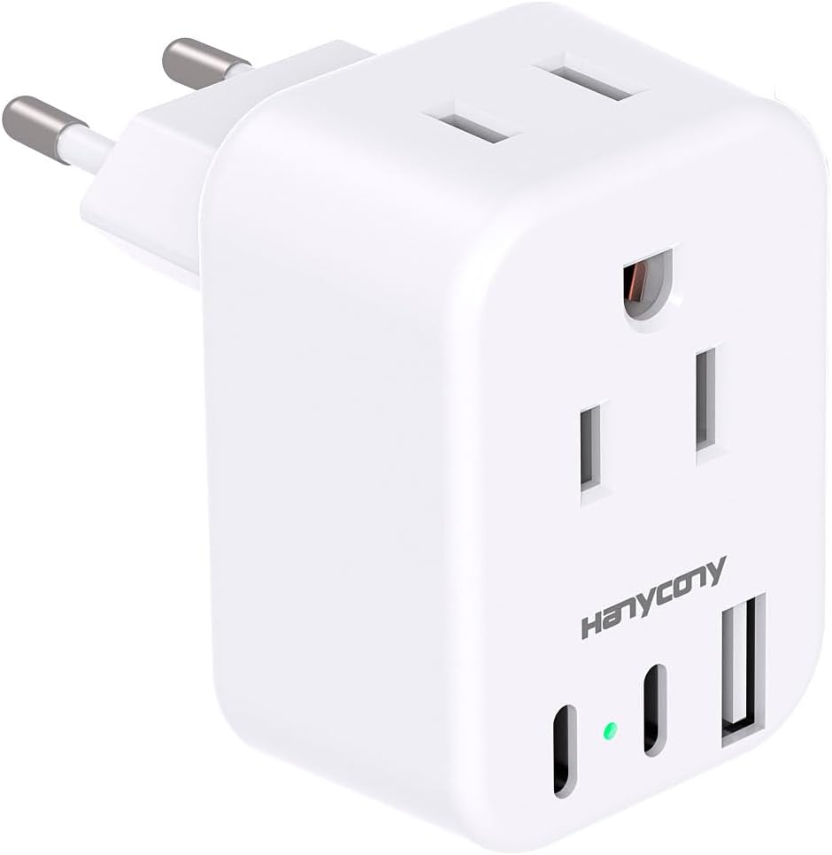 HANYCONY European Travel Plug Adapter USB C, International Plug Adapter, US to Europe Adapter Plug 2 Outlets 3 USB Ports(2 C Port), Type C Power Adapter to Italy Spain France Portugal Iceland Germany