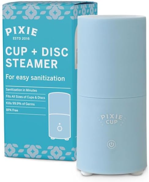 Pixie Menstrual Cup & Disc Steamer Sterilizer 2.0 - Kills 99.9% of Germs with Cleaner Steam - Wash Your Period Cup in 3 Minutes! - The Most Asked for Sensor On-Off Button & Must Have Cylinder Shape