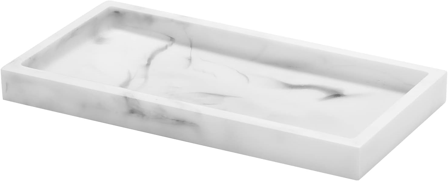 Luxspire Bathroom Vanity Tray, Resin Dresser Jewelry Ring Dish Tank Storage Kitchen Sink Countertop Organiser Plate Holder for Perfume Candles Soap Towel Plant Bathroom Accessories, Mini, White Marble