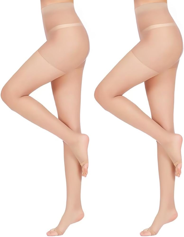 2-Pack Women's Sheer Tights Control Top Toeless Pantyhose and Gentle Leg Support