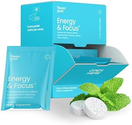 NeuroGum Energy Caffeine Gum (60 Pieces) - Sugar Free with L-theanine + Natural Caffeine + Vitamin B12 & B6 - Nootropic Energy & Focus Supplement for Women & Men - Keto & Vegan, Peppermint Flavor
