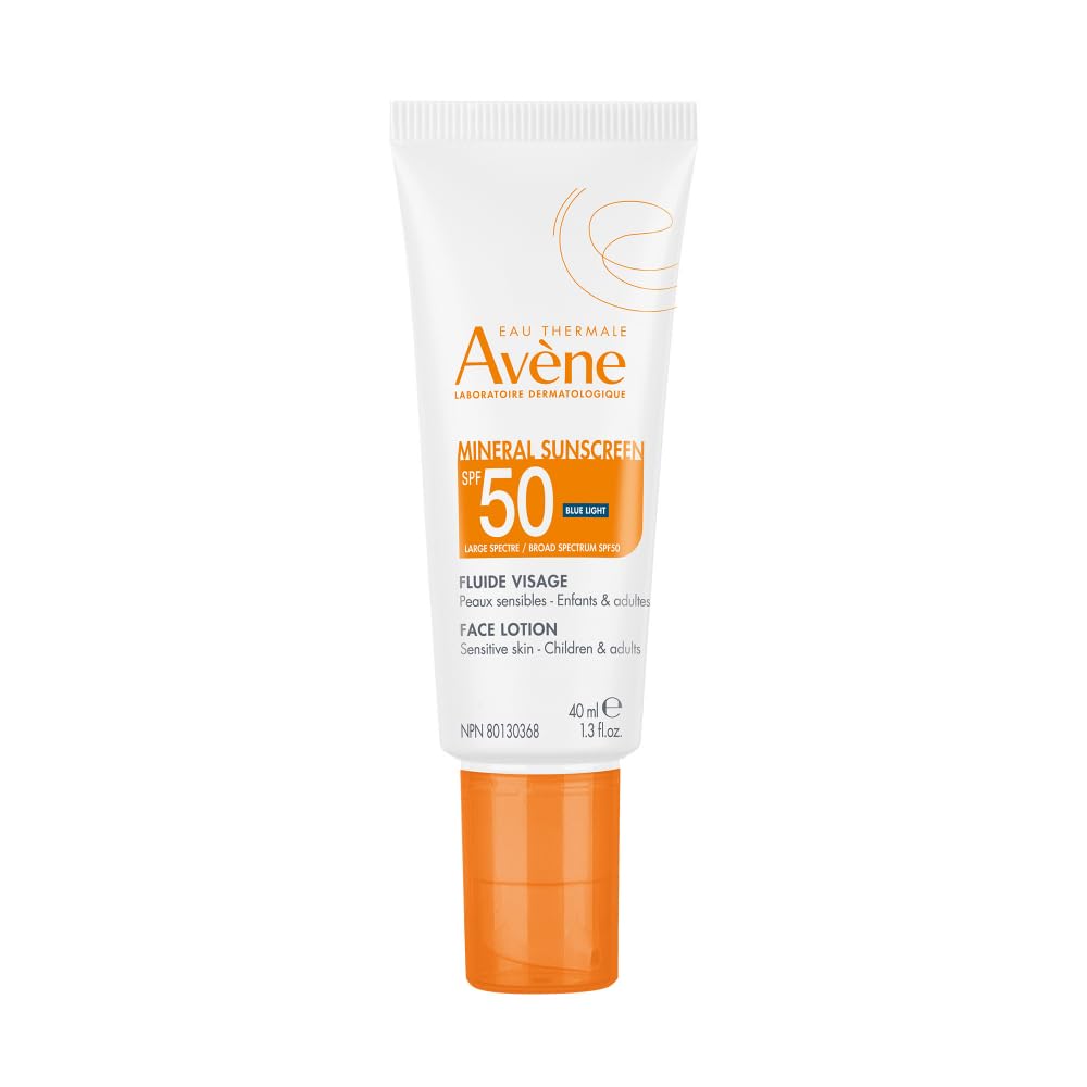 Avene Mineral Sunscreen SPF 50 Face Lotion, fast absorbing, 100% Mineral Sunscreen, Protects against UV, pollution + bluelight, With with Zinc Oxide + Bisabolol, 80 minute water resistance 1.3 oz