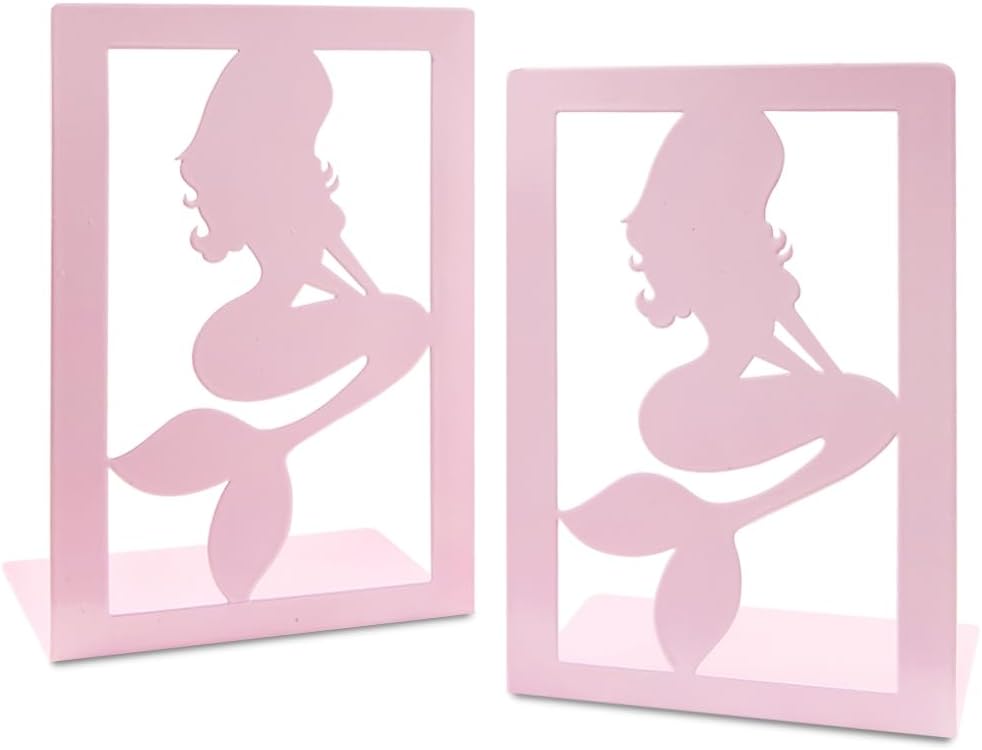 1 Pair Pink Mermaid Metal Bookends,Modern Creative Sea-Maid Pattern Hollowed Nonskid Iron Book End Decorative Bookends Desk Organizer Book Shelf Holder for Kid Girl Library Home School Office Decorati