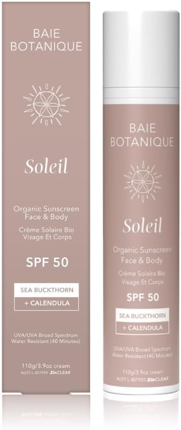 Baie Botanique Soleil - Organic Mineral Non Toxic Sunscreen for Face and Body SPF 50 - Sea Buckthorn & Calendula - Natural - Vegan - No White Cast - Chemical Filter Free - Reef Safe - UVA/UVB - 110g