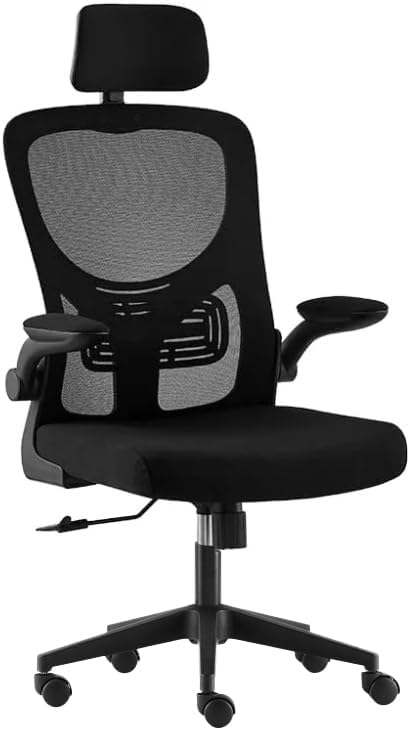 Requena Ergonomic Mesh Chair with Headrest, Flip-up Armrest and Lumbar Support, Adjustable Height Computer Office Chair - Black