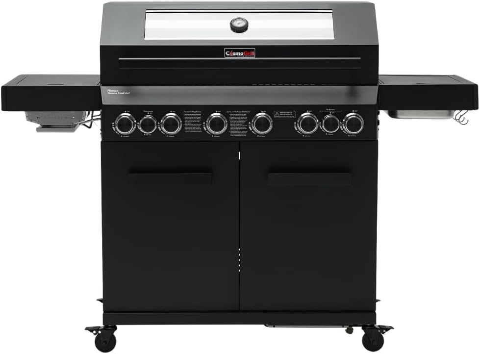 CosmoGrill 8 Burner Platinum Yamara Dark 6+2 Gas BBQ, Viewing Glass, 4 Main Burners, 1 Ceramic Sear Burner, 1 Back Burner, Cast Iron Grills & Bamboo Storage (Black with Cover)