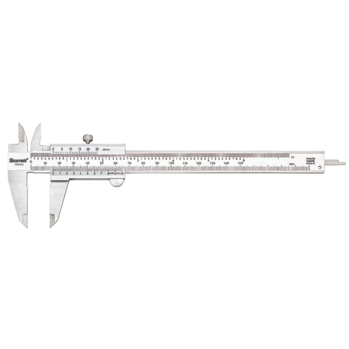 Starrett Vernier Caliper with Hardened Stainless Steel Depth Rod, Lock Screw and Sharp, Black Graduation - Metric, English, 0-6" Range, .001" Graduation - 125MEA-6/150