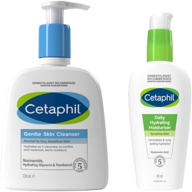 Cetaphil Daily Hydrating Face Moisturiser, 88ml, For Sensitive Skin, With Hyaluronic Acid & Gentle Skin Cleanser, 236ml, Face & Body Wash, For Normal