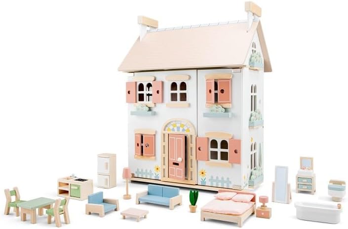 New Classic Toys - Doll House Including Furniture - Wooden Dollhouse with 20 Pieces of Furniture - Fully Furnished Interior, Removable Roof, and Detailed Decor - Perfect for Imaginative Play