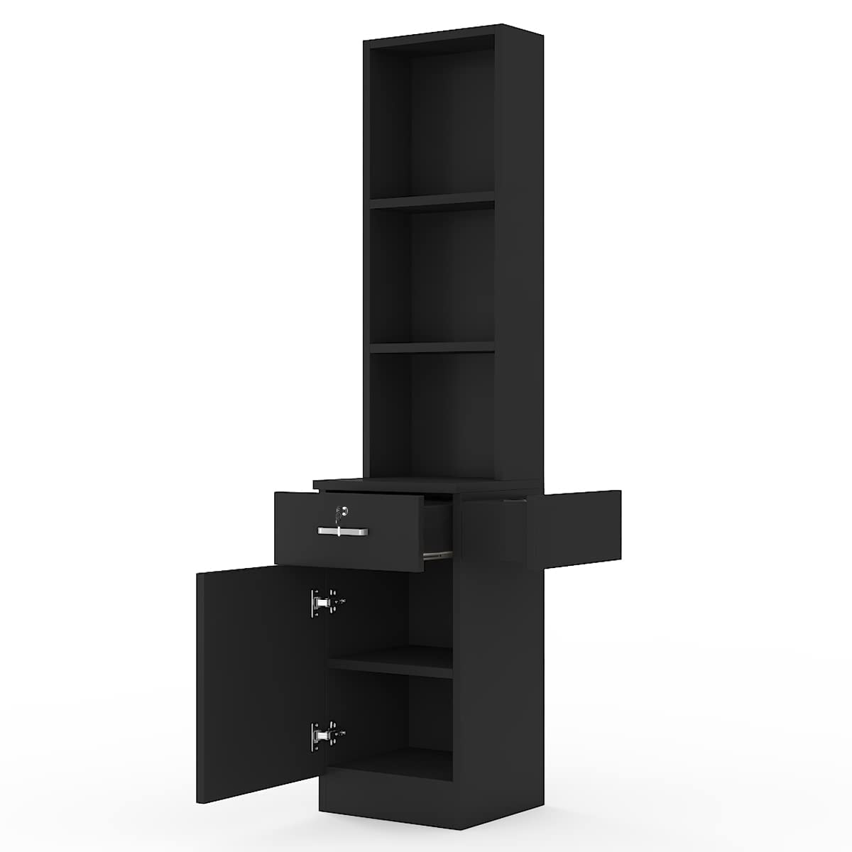 Barber Salon Work Station for Hair Stylist Locking Salon Equipment | Barber Supplies Organizer Cabinet Barbershop Furniture w/Appliance Holders(Black2)