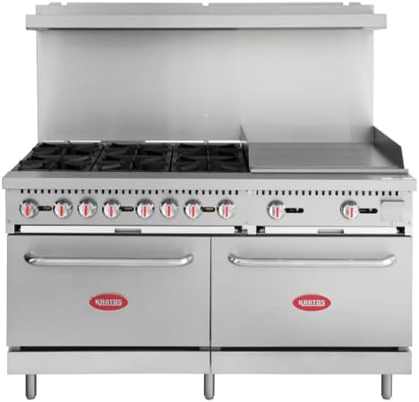 Kratos Commercial Gas Range, Oven & Griddle - 6 Burners, 2 Full Size Ovens and Griddle Plate (24" W), Liquid Propane Powered, 280,000 Total BTU Output, 60" W (29Y-046-LP)