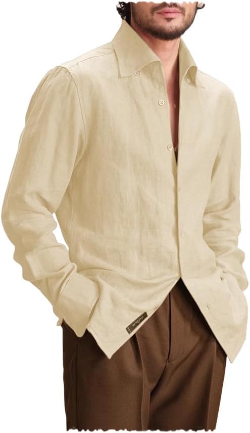 Men's Linen Shirts Long Sleeve Casual Shirt Button Down Shirt for Men Beach Summer Wedding Shirts