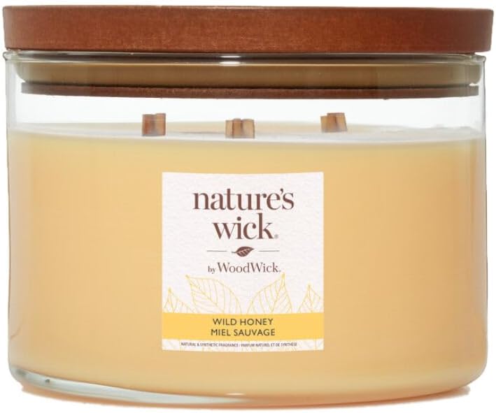 Nature's Wick Wild Honey 3 Wick Candle | with Scents of Orange Blossom, Rose & Sandalwood | Patented Crackling Sound Like a Winter Log Fire | Large Jar, 65 Hour Burn Time, 433g