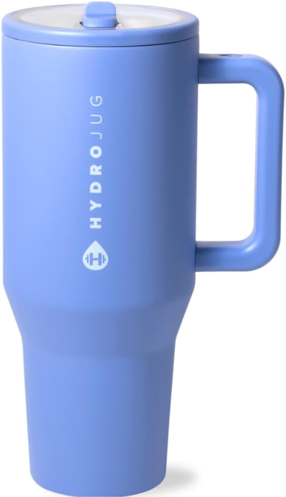 HydroJug Traveler - 40 oz Water Bottle with Handle & Flip Straw - Fits in Cup Holder, Leak Resistant Tumbler-Reusable Insulated Stainless Steel & Rubber Base - Gifts for Women & Men, Light Blue