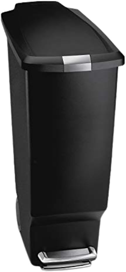 simplehuman 40 Liter / 10.6 Gallon Slim Kitchen Step Trash Can With Secure Slide Lock, Black Plastic
