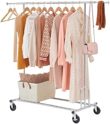 Tajsoon Heavy Duty Clothes Rack Foldable Garment Rack with Wheels and Extendable Rod, Freestanding Clothing Rack for Hanging Clothes, Adjustable ＆ Collapsible Rolling Racks with Bottom Shelf, Chrome