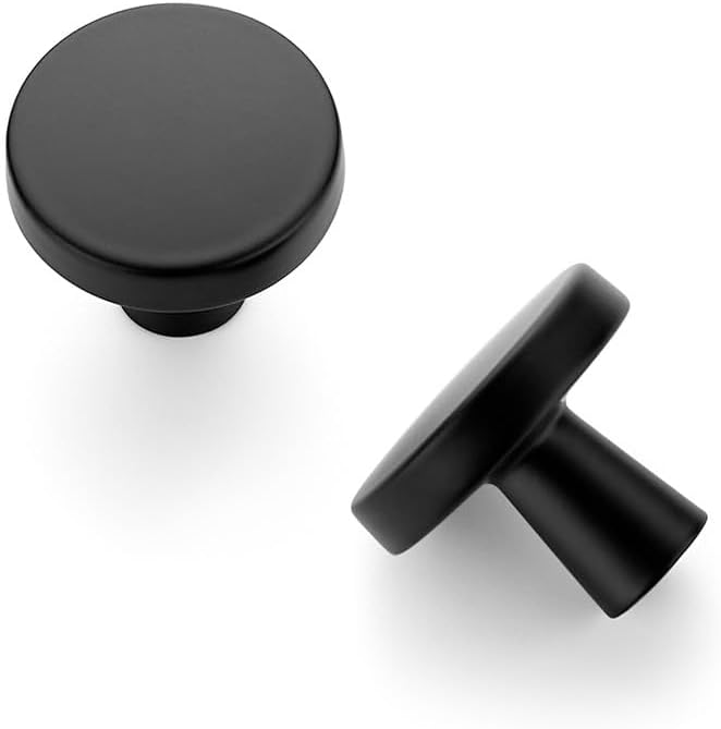 JOY DECOR 5 Pack Kitchen Cabinet Knobs Solid Drawer Knobs Dresser Knobs 1-1/4 Inch Drawer Pulls Matte Black Cabinet Hardware for Dresser Drawers Round Cabinet Door Knobs Simple Drawer Handles