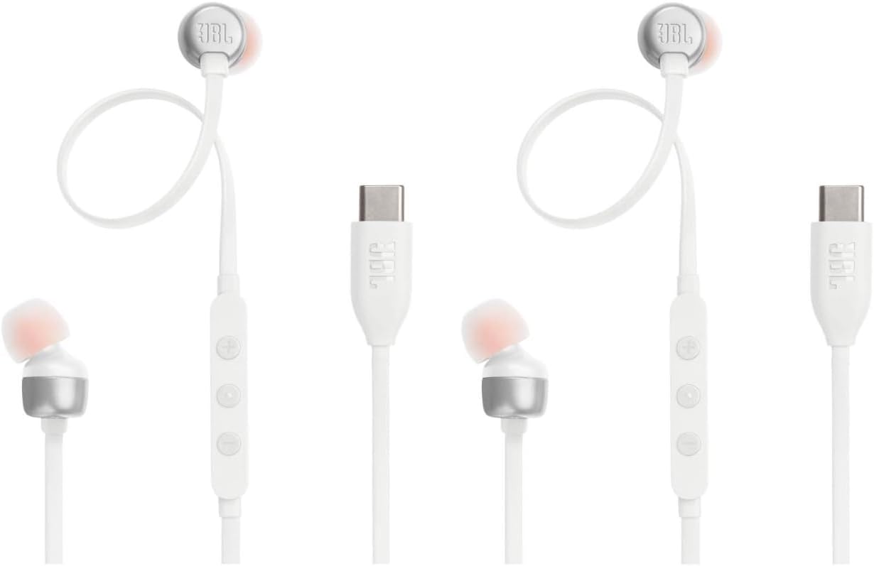 JBL Tune 310C Wired Hi-Res USB-C in-Ear Headphones with Microphone, Tangle-Free Flat Cable, 3-Button Remote, Pure Bass Sound, Compatible with iPhone, iPad, Android – White, Pack of 2