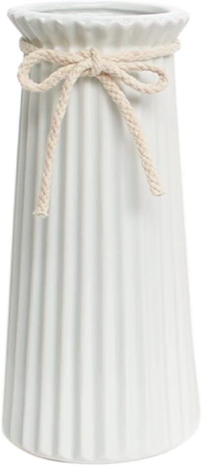 White Ceramic Ribbed Vases for Minimalist Modern Home Decor, Decorative Flowers Vase for Wedding Dinner Table Office Bedroom - 8 Inch / 20 CM