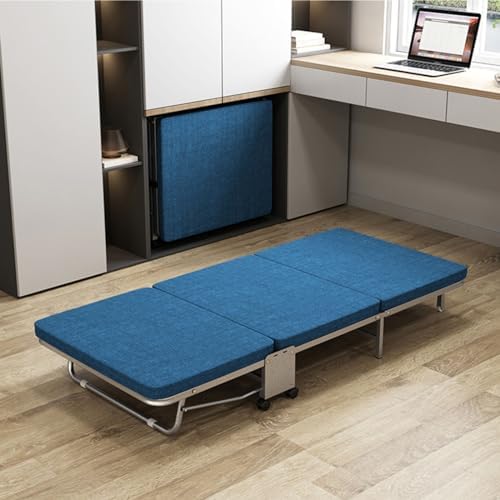 Adult folding bed,Blue,Small,Three Fold Bed Metal, Office Folding Single Bed, Fold Up S for Adults, Portable Foldable Fold Up Guest Bed for Adults, Multifunction Sponge Sofa Cum Bed