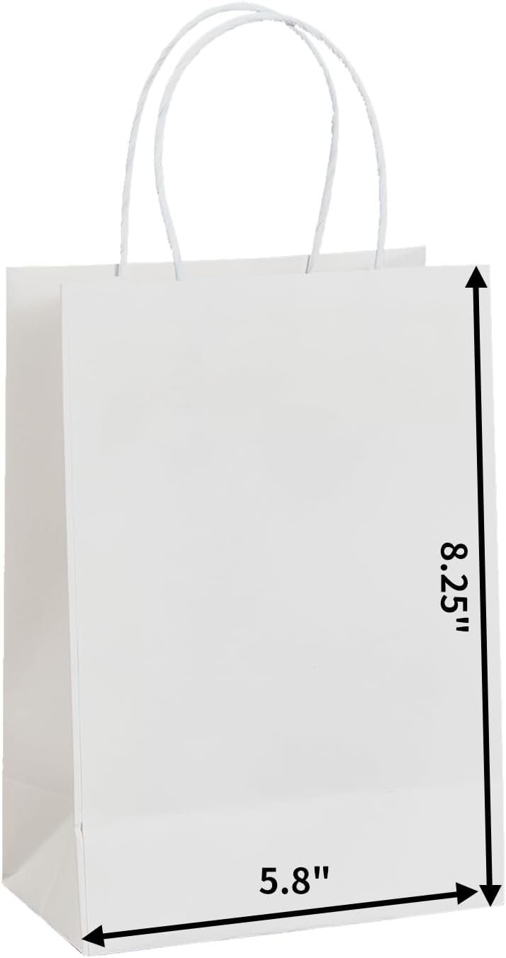 METAPRINT 50 Pack Small Gift Bags 5.8x3.2x8.25 Inch White Paper Bags with Handles Bulk, Kraft Paper Bags for Party favor, Retail, Grocery Sacks