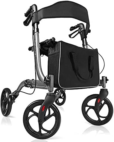GYMAX Aluminum Walker, Foldable Four Wheels Medical Rollator with Seat & Carrying Bag, 5 Adjustable Height Folding Walking Mobility Aid Rollator for Elderly and Disabled User (Grey)