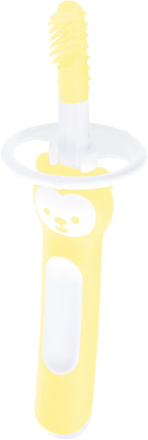 MAM Massaging Brush | Baby Training Brush with Safety Shield | Suitable for 3+ Months | Ideal First Toothbrush for Babies | Eases Teething Discomfort | Yellow