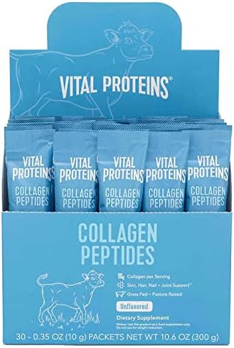 Vital Proteins Collagen Peptides Powder Supplement (Type I, III) Travel Packs, Hydrolyzed Collagen for Skin Hair Nail Joint - Dairy & Gluten Free - 10g per Serving - Unflavored 30 ct per Box