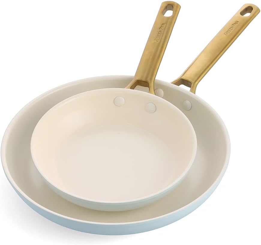 GreenPan Reserve Hard Anodized Healthy Ceramic Nonstick 20 cm and 26 cm Frying Pan Skillet Set, Gold Handle, PFAS-Free, Induction Suitable, Oven Safe, Light Blue