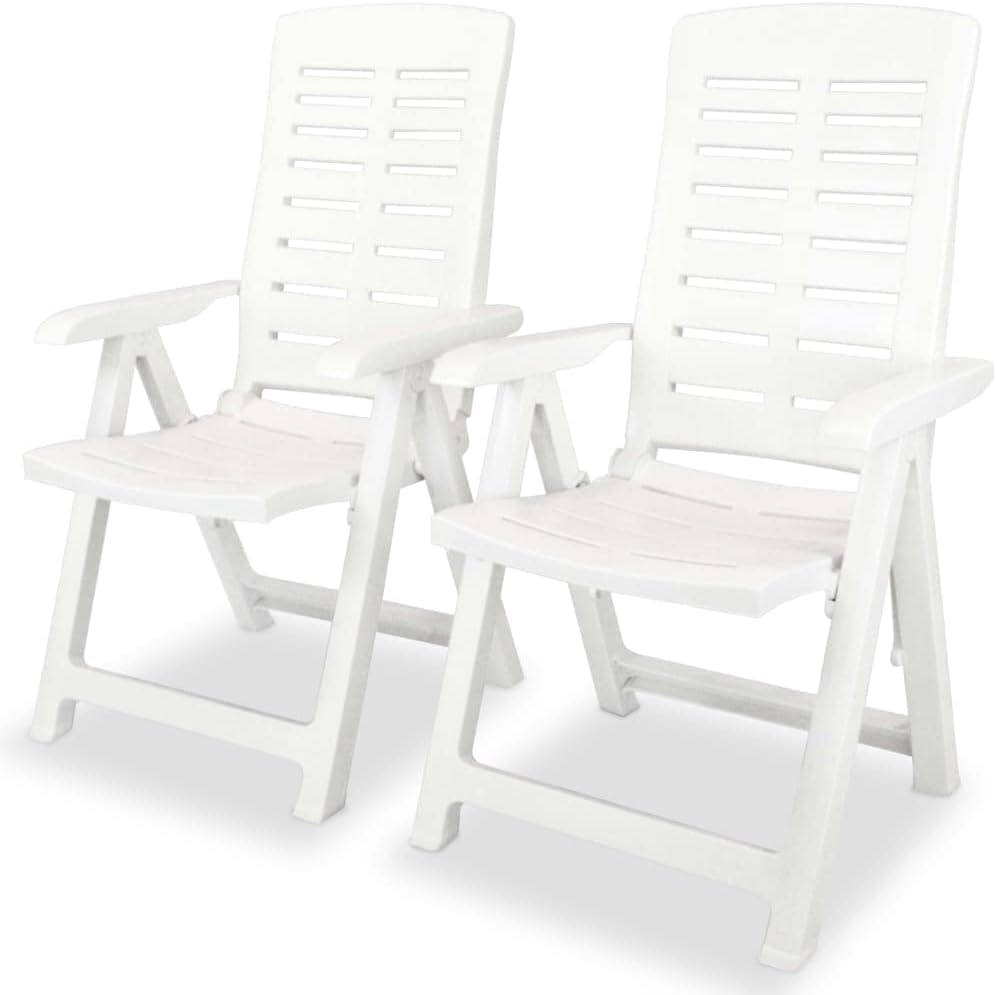 vidaXL Foldable Garden Chairs - Set of 2 - Weatherproof Plastic in White - Adjustable Reclining Backrests - Lightweight & Easy to Clean
