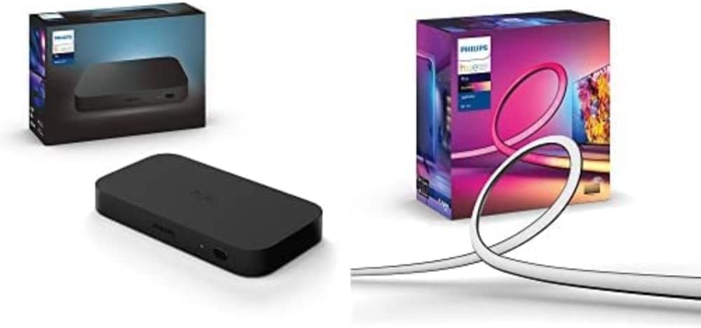 Philips Hue Play HDMI Sync Box Bundle, Includes Hue White and Colour Ambiance Gradient Lightstrip (55inch), Surround Lighting for TV Entertainment & Gaming Compatible with Alexa