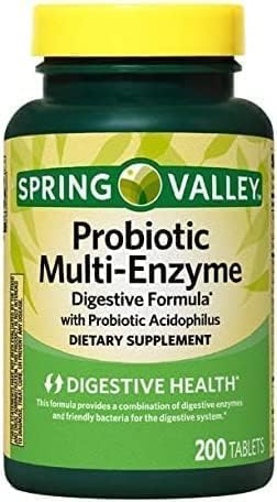 Spring Valley Probiotic Multi-Enzyme Digestive Formula Tablets, 200 Count + 1 Mini Pill Container with Key Chain (Colors May Vary)