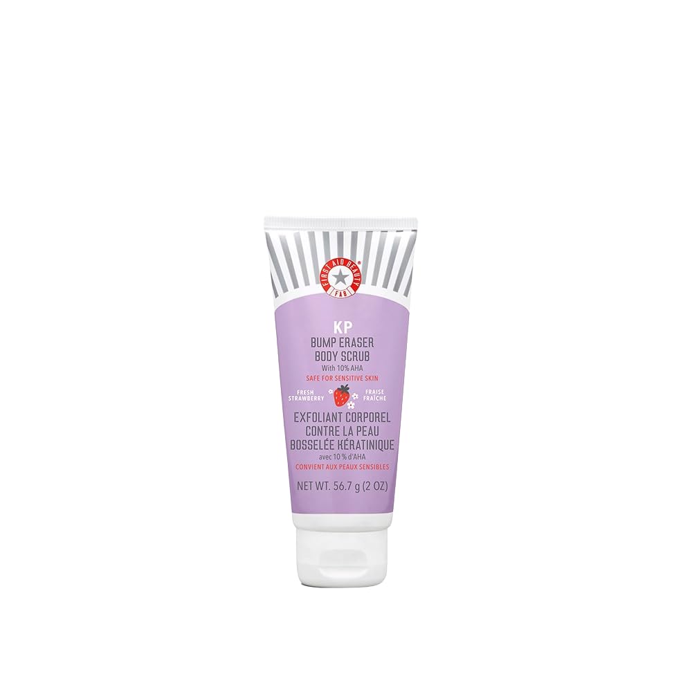 First Aid Beauty - KP Bump Eraser Body Scrub with 10% AHA, Keratosis Pilaris Exfoliating Skin Cleanser with 10% Lactic Acids Glycolic, Pumice & Bisabolol, Reduces Bumps, Strawberry Scent, 2 oz